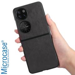 Microcase Huawei P50 Pocket için Deri Desenli Plastik Koruma Kılıf - Siyah
