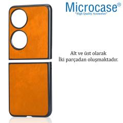 Microcase Huawei P50 Pocket için Deri Desenli Plastik Koruma Kılıf - Taba