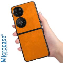Microcase Huawei P50 Pocket için Deri Desenli Plastik Koruma Kılıf - Taba