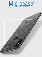 Microcase Xiaomi Mi 8 SE Fabrik Serisi Kumaş ve Deri Desen Kılıf - Gri + Tempered Glass Cam Koruma