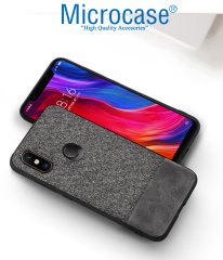 Microcase Xiaomi Mi 8 SE Fabrik Serisi Kumaş ve Deri Desen Kılıf - Gri + Tempered Glass Cam Koruma