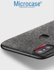 Microcase Xiaomi Mi 8 SE Fabrik Serisi Kumaş ve Deri Desen Kılıf - Gri + Tempered Glass Cam Koruma