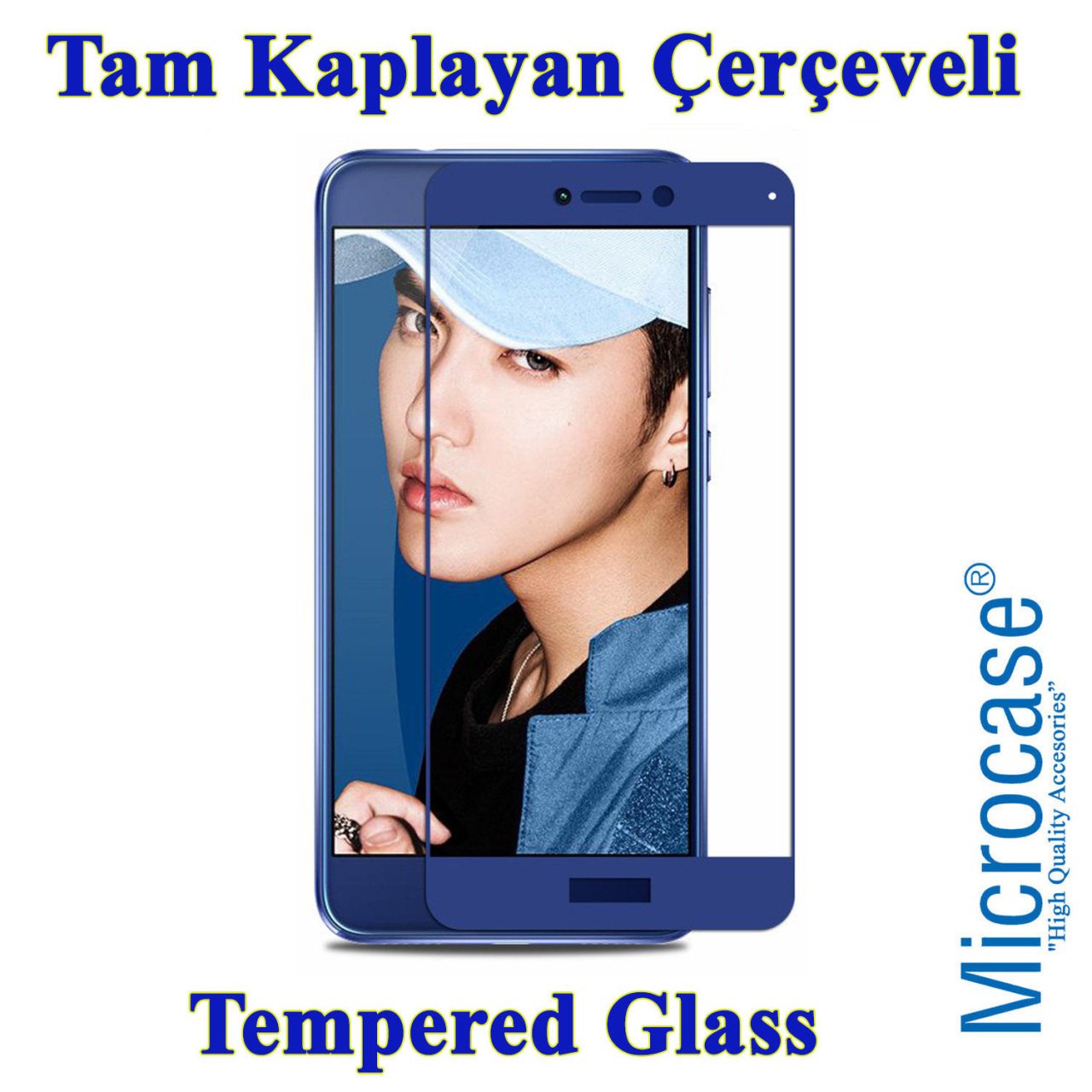 Huawei Honor 8 Lite Tam Kaplayan Çerçeveli Tempered Cam - Mavi