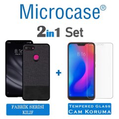 Microcase Xiaomi Mi 8 Lite Fabrik Serisi Kumaş ve Deri Desen Kılıf - Siyah + Tempered Glass Cam Koruma