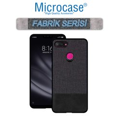 Microcase Xiaomi Mi 8 Lite Fabrik Serisi Kumaş ve Deri Desen Kılıf - Siyah + Tempered Glass Cam Koruma