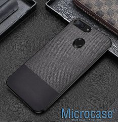 Microcase Xiaomi Mi 8 Lite Fabrik Serisi Kumaş ve Deri Desen Kılıf - Siyah + Tempered Glass Cam Koruma