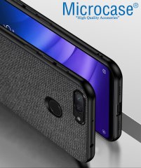 Microcase Xiaomi Mi 8 Lite Fabrik Serisi Kumaş ve Deri Desen Kılıf - Siyah + Tempered Glass Cam Koruma