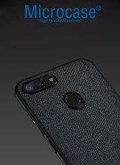 Microcase Xiaomi Mi 8 Lite Fabrik Serisi Kumaş ve Deri Desen Kılıf - Siyah + Tempered Glass Cam Koruma