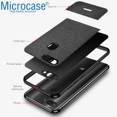 Microcase Xiaomi Mi 8 Lite Fabrik Serisi Kumaş ve Deri Desen Kılıf - Siyah + Tempered Glass Cam Koruma