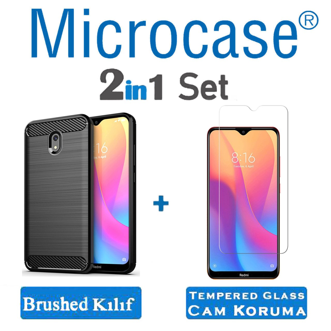 Microcase Xiaomi Redmi 8A Brushed Carbon Fiber Silikon Kılıf - Siyah + Tempered Glass Cam Koruma