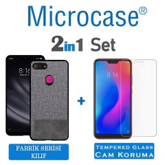 Microcase Xiaomi Mi 8 Lite Fabrik Serisi Kumaş ve Deri Desen Kılıf - Gri + Tempered Glass Cam Koruma