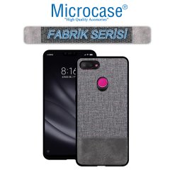 Microcase Xiaomi Mi 8 Lite Fabrik Serisi Kumaş ve Deri Desen Kılıf - Gri + Tempered Glass Cam Koruma