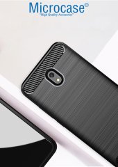 Microcase Xiaomi Redmi 8A Brushed Carbon Fiber Silikon Kılıf - Siyah + Tempered Glass Cam Koruma