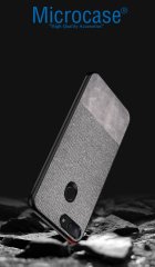 Microcase Xiaomi Mi 8 Lite Fabrik Serisi Kumaş ve Deri Desen Kılıf - Gri + Tempered Glass Cam Koruma