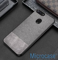 Microcase Xiaomi Mi 8 Lite Fabrik Serisi Kumaş ve Deri Desen Kılıf - Gri + Tempered Glass Cam Koruma