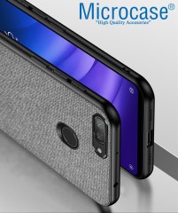 Microcase Xiaomi Mi 8 Lite Fabrik Serisi Kumaş ve Deri Desen Kılıf - Gri + Tempered Glass Cam Koruma