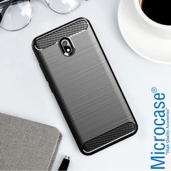 Microcase Xiaomi Redmi 8A Brushed Carbon Fiber Silikon Kılıf - Siyah + Tempered Glass Cam Koruma