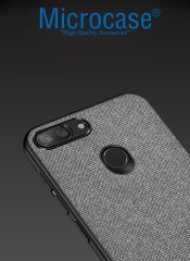 Microcase Xiaomi Mi 8 Lite Fabrik Serisi Kumaş ve Deri Desen Kılıf - Gri + Tempered Glass Cam Koruma