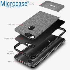 Microcase Xiaomi Mi 8 Lite Fabrik Serisi Kumaş ve Deri Desen Kılıf - Gri + Tempered Glass Cam Koruma