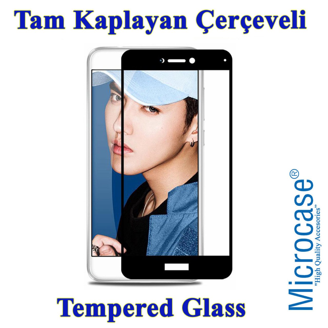 Huawei Honor 8 Lite Tam Kaplayan Çerçeveli Tempered Cam - Siyah