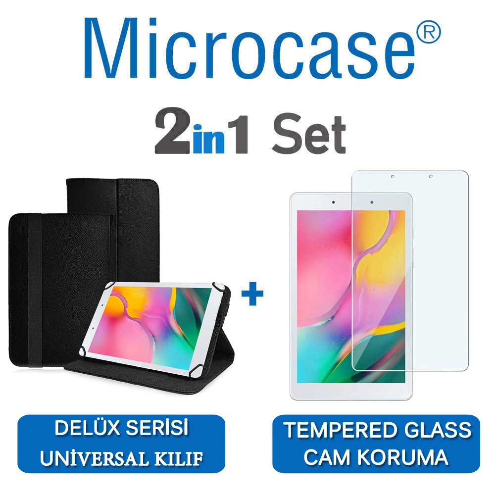 Microcase Samsung Galaxy Tab A 8.0 2019 T290 Delüx Serisi Universal Standlı Deri Kılıf - Siyah + Tempered Glass Cam Koruma