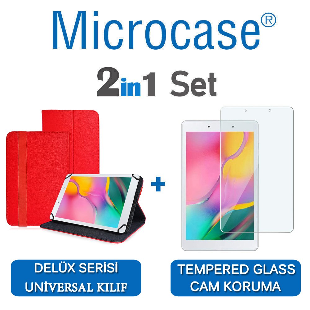 Microcase Samsung Galaxy Tab A 8.0 2019 T290 Delüx Serisi Universal Standlı Deri Kılıf - Kırmızı + Tempered Glass Cam Koruma