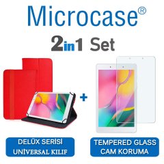 Microcase Samsung Galaxy Tab A 8.0 2019 T290 Delüx Serisi Universal Standlı Deri Kılıf - Kırmızı + Tempered Glass Cam Koruma