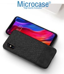 Microcase Xiaomi Mi 8 Pro Fabrik Serisi Kumaş ve Deri Desen Kılıf - Siyah + Tempered Glass Cam Koruma