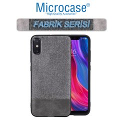 Microcase Xiaomi Mi 8 Pro Fabrik Serisi Kumaş ve Deri Desen Kılıf - Gri + Tempered Glass Cam Koruma