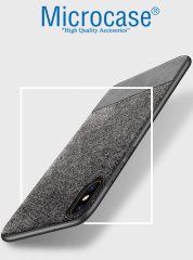 Microcase Xiaomi Mi 8 Pro Fabrik Serisi Kumaş ve Deri Desen Kılıf - Gri + Tempered Glass Cam Koruma