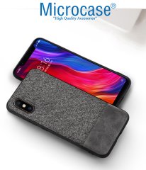 Microcase Xiaomi Mi 8 Pro Fabrik Serisi Kumaş ve Deri Desen Kılıf - Gri + Tempered Glass Cam Koruma