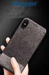 Microcase Xiaomi Mi 8 Pro Fabrik Serisi Kumaş ve Deri Desen Kılıf - Gri + Tempered Glass Cam Koruma