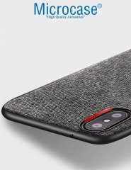 Microcase Xiaomi Mi 8 Pro Fabrik Serisi Kumaş ve Deri Desen Kılıf - Gri + Tempered Glass Cam Koruma