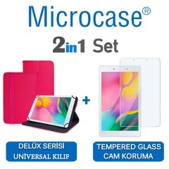 Microcase Samsung Galaxy Tab A 8.0 2019 T290 Delüx Serisi Universal Standlı Deri Kılıf - Pembe + Tempered Glass Cam Koruma