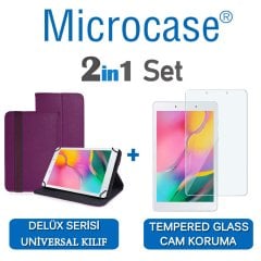 Microcase Samsung Galaxy Tab A 8.0 2019 T290 Delüx Serisi Universal Standlı Deri Kılıf - Mor + Tempered Glass Cam Koruma