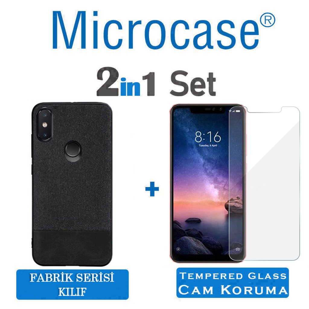 Microcase Xiaomi Redmi Note 6 Pro Fabrik Serisi Kumaş ve Deri Desen Kılıf - Siyah + Tempered Glass Cam Koruma