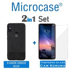 Microcase Xiaomi Redmi Note 6 Pro Fabrik Serisi Kumaş ve Deri Desen Kılıf - Siyah + Tempered Glass Cam Koruma