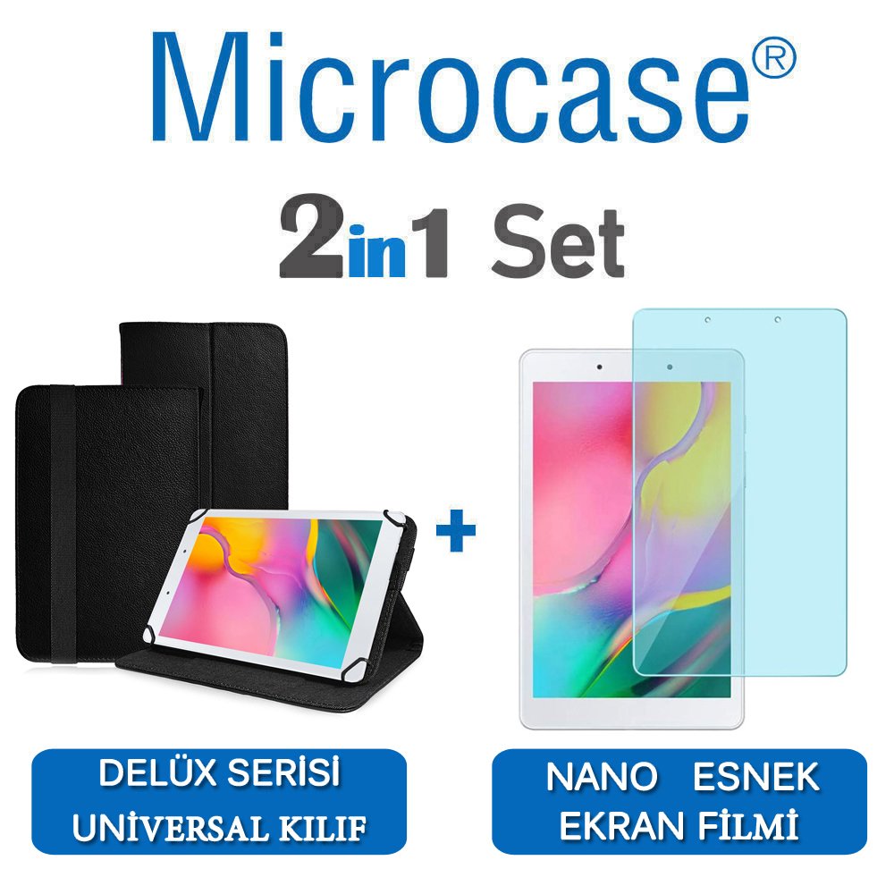 Microcase Samsung Galaxy Tab A 8.0 2019 T290 Delüx Serisi Universal Standlı Deri Kılıf - Siyah + Nano Esnek Ekran Koruma Filmi