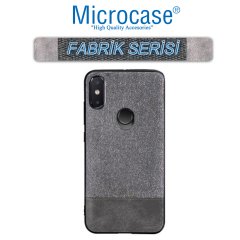 Microcase Xiaomi Redmi Note 6 Pro Fabrik Serisi Kumaş ve Deri Desen Kılıf - Gri + Tempered Glass Cam Koruma