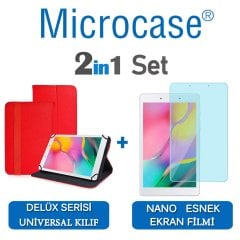 Microcase Samsung Galaxy Tab A 8.0 2019 T290 Delüx Serisi Universal Standlı Deri Kılıf - Kırmızı + Nano Esnek Ekran Koruma Filmi
