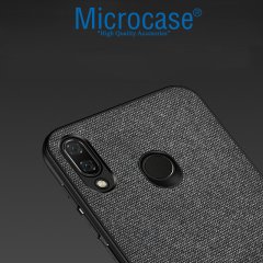 Microcase Xiaomi Redmi Note 7 - Redmi Note 7 Pro Fabrik Serisi Kumaş ve Deri Desen Kılıf - Siyah + Tempered Glass Cam Koruma