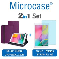 Microcase Samsung Galaxy Tab A 8.0 2019 T290 Delüx Serisi Universal Standlı Deri Kılıf - Mor + Nano Esnek Ekran Koruma Filmi