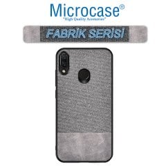 Microcase Xiaomi Redmi Note 7 - Redmi Note 7 Pro Fabrik Serisi Kumaş ve Deri Desen Kılıf - Gri + Tempered Glass Cam Koruma