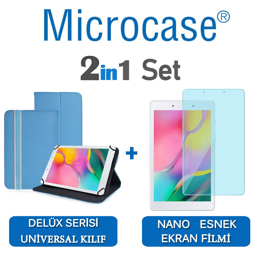 Microcase Samsung Galaxy Tab A 8.0 2019 T290 Delüx Serisi Universal Standlı Deri Kılıf - Turkuaz + Nano Esnek Ekran Koruma Filmi