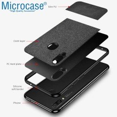 Microcase Xiaomi Redmi Note 7 - Redmi Note 7 Pro Fabrik Serisi Kumaş ve Deri Desen Kılıf - Siyah