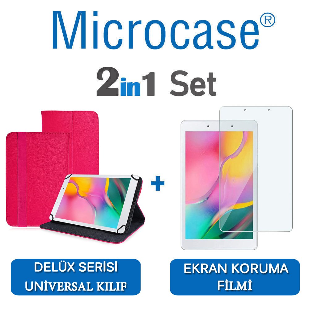 Microcase Samsung Galaxy Tab A 8.0 2019 T290 Delüx Serisi Universal Standlı Deri Kılıf - Pembe + Ekran Koruma Filmi