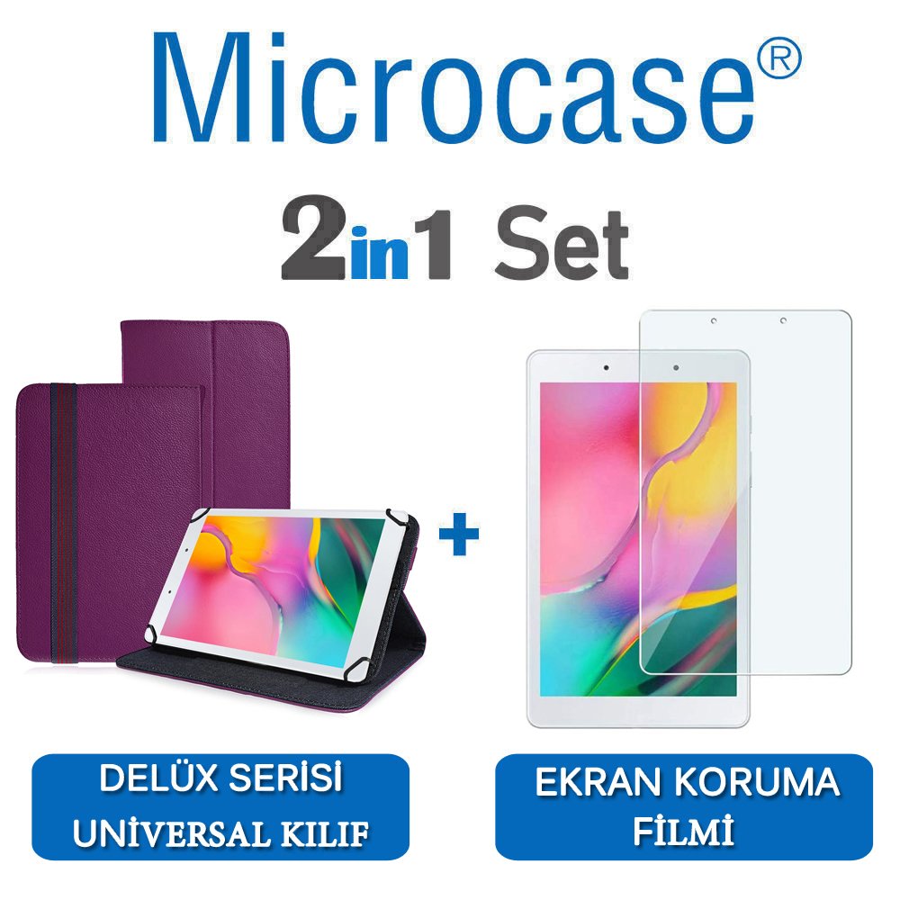 Microcase Samsung Galaxy Tab A 8.0 2019 T290 Delüx Serisi Universal Standlı Deri Kılıf - Mor + Ekran Koruma Filmi