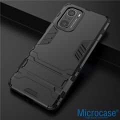 Microcase Xiaomi Poco F3 Alfa Armor Standlı Perfect Koruma Kılıf - Siyah