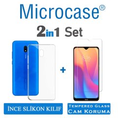 Microcase Xiaomi Redmi 8A Ultra İnce 0.2 mm Soft Silikon Kılıf - Şeffaf + Tempered Glass Cam Koruma