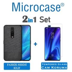 Microcase Xiaomi Redmi K20 - Redmi K20 Pro Fabrik Serisi Kumaş ve Deri Desen Kılıf - Siyah + Tempered Glass Cam Koruma